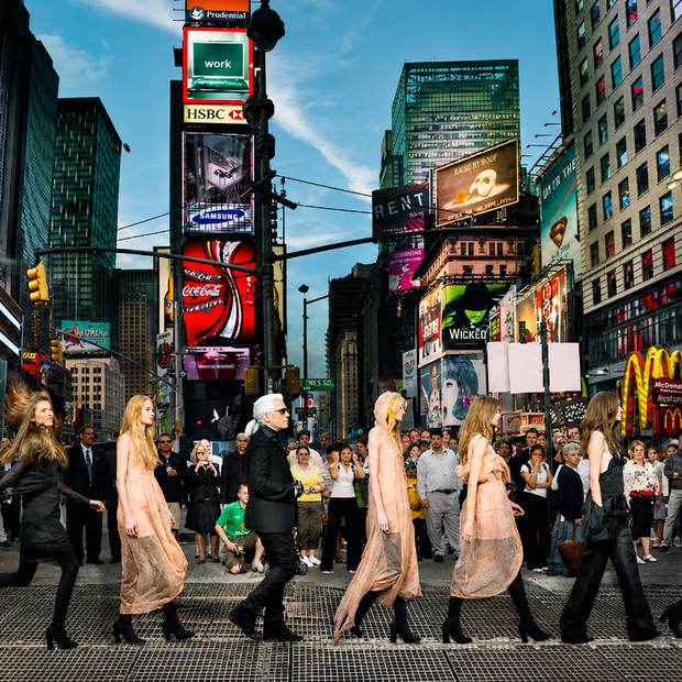 SIMON P - Karl Lagerfeld in Times Square, Editorial for Harper’s Bazaar 2006 NYC